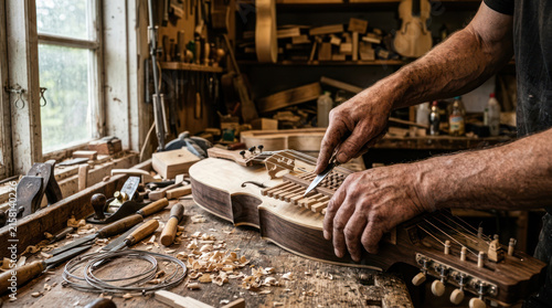 Luthier crafting a wooden string instrument in a workshop.