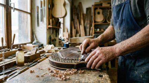 Luthier working on a guitar body in a workshop.