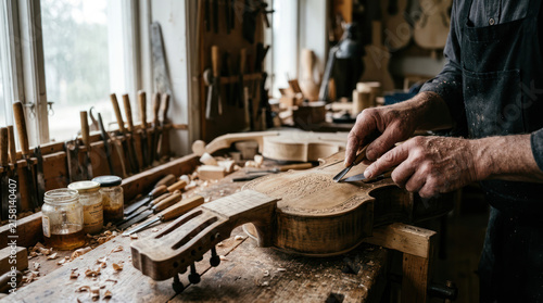 Luthier working on a violin in his workshop sanding the wood.
