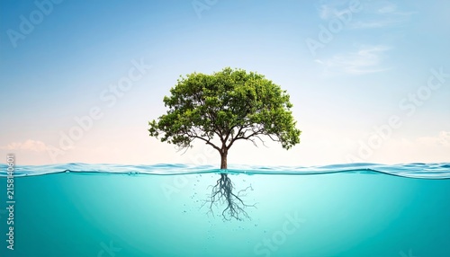 a tree in the water with its roots sticking out