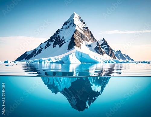 an iceberg floating in the ocean with mountains in the background