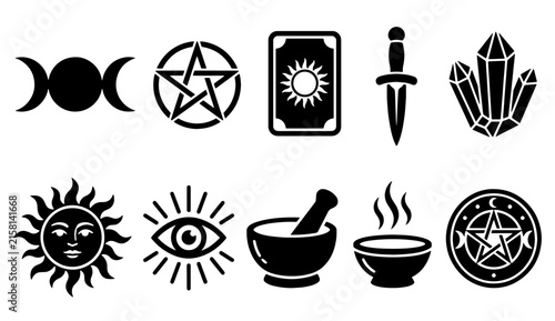 Mystical and pagan icons set featuring triple moon, pentagram, tarot card, ritual dagger, crystals, celestial sun, third eye, and mortar pestle vector illustration