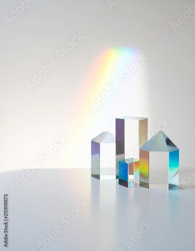 three colorful glass blocks sit on a white surface