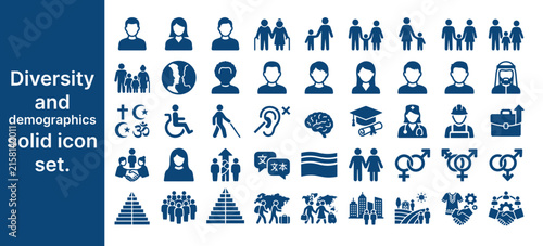 Diversity and demographics solid icon set. Professional people, community, workforce, and multicultural identity icons for business presentation and UI web design vector Template.
