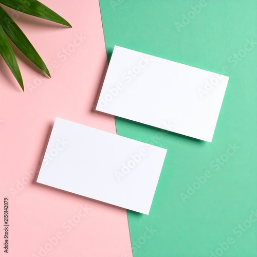 two blank cards on a pink and green background