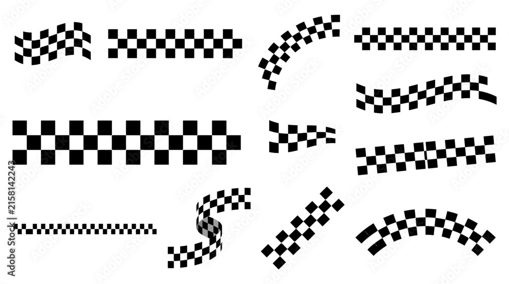 Naklejka premium Set of black and white checkered racing flags and borders isolated on white background