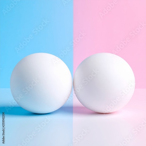 two white balls on a pink and blue background