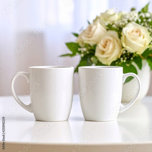 two white coffee mugs sitting on a table