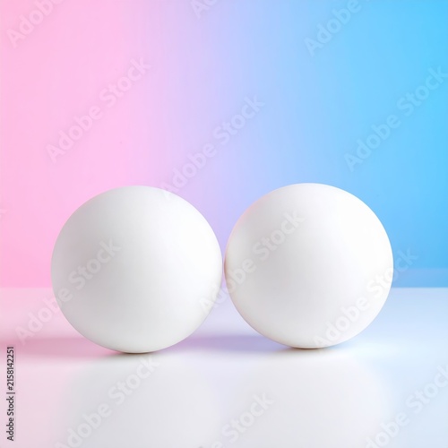 two white eggs on a pink and blue background