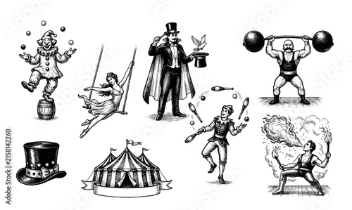 Foto A vintage black and white illustration set featuring classic circus performers like a clown, magician, strongman, aerialist, juggler, and fire-breather, along with iconic symbols like a top hat