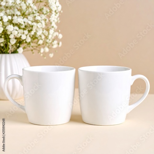 two white mugs sitting on a table