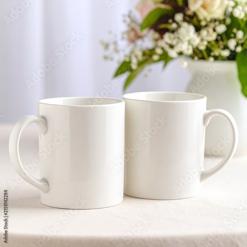 two white mugs sitting on a table