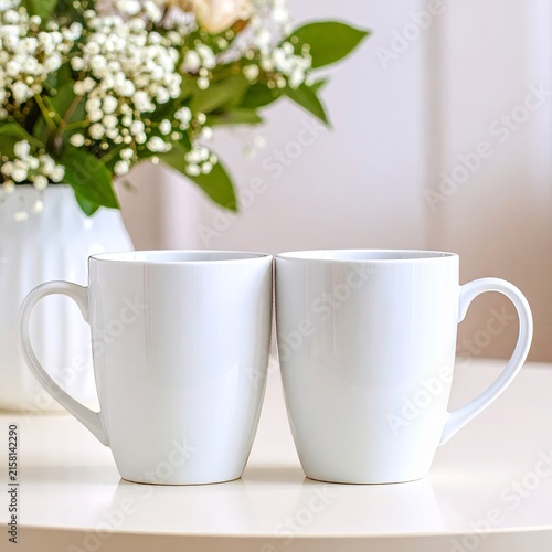 two white mugs sitting on a table