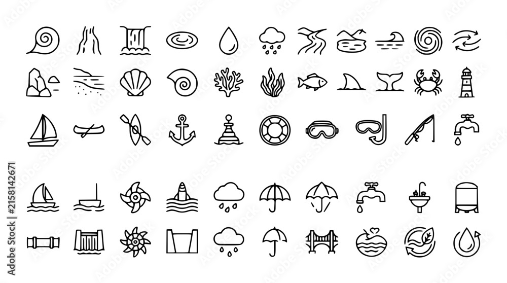 Fototapeta premium Mega Water and Marine Life Icon Set with Nautical Travel Weather Plumbings and Sea Animal Outline Symbols for Vector Design