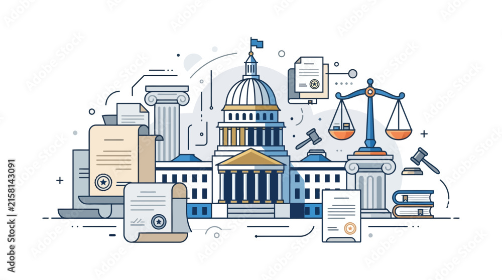 Fototapeta premium Detailed line art illustration of a capitol building surrounded by legal documents, scales of justice, and classical columns, representing law and government.