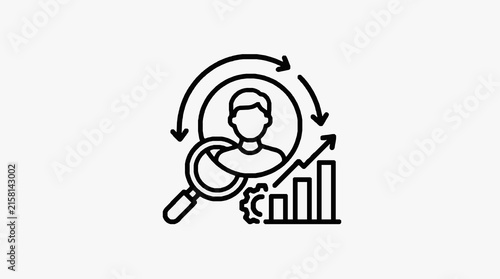 Corporate of a Professional Under Magnifying Glass with Growth Chart and Gear Icon in Monochrome