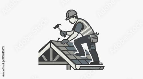 Corporate of a Roofing Worker Hammering Shingles on a Gray Sloped Roof with Safety Gear with high quality professional line art symbols for modern creative design and digital branding projects