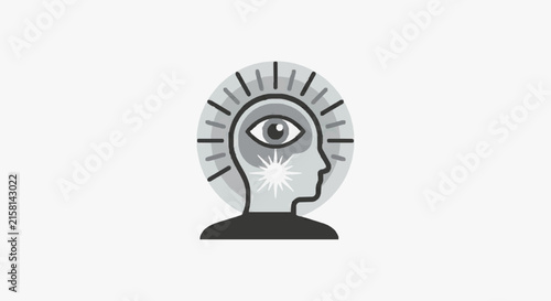 Corporate of a Silhouette Head with a Glowing Eye Inside a Radiating Sunburst Design in Monochrome