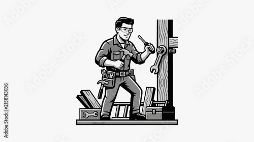 Corporate of a Skilled Carpenter Working with Tools on Wooden Post in Monochrome Style with high quality professional line art symbols for modern creative design and digital branding projects