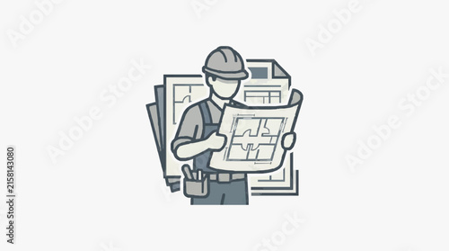 Corporate of Architect or Construction Worker Holding Blueprints with Hard Hat and Stacked Documents