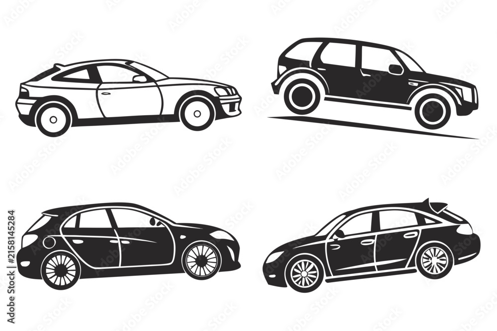 Fototapeta premium Four classic cars side view illustration in black and white
