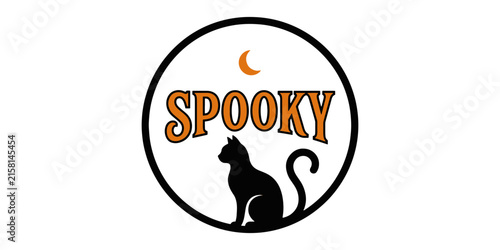 Spooky halloween silhouette of black cat and crescent moon