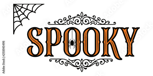 Spooky halloween text with ornate bat and spider web