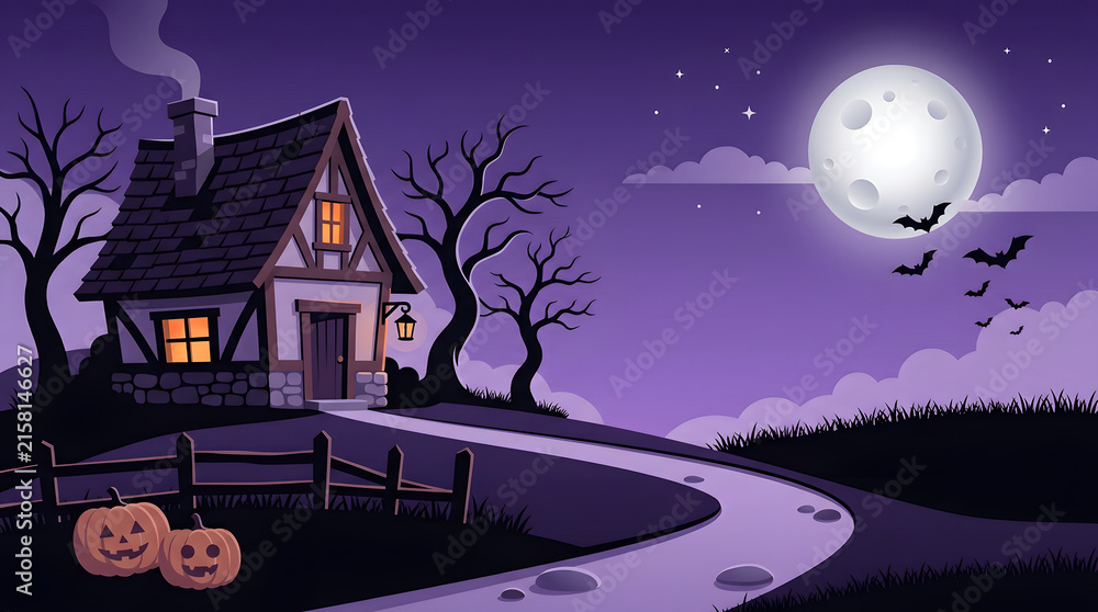 Fototapeta premium Spooky haunted house with glowing windows and pumpkins on a path under a full moon at night