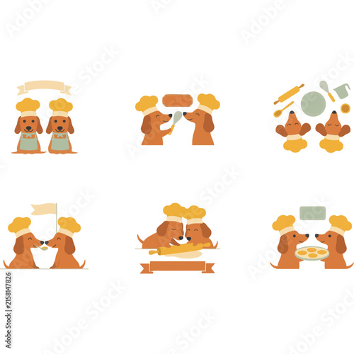 Set of cute dachshund dogs baking bread and cooking in chefs hats for bakery and culinary branding