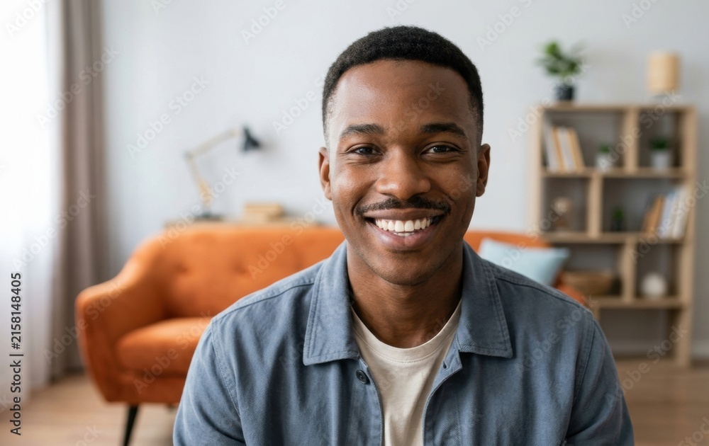 Obraz premium Smiling young african american man looking at camera while sitting indoors in living room setting with portrait