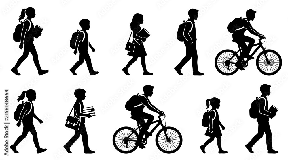 Fototapeta premium Diverse group of people commuting to work or school with backpacks and bicycles in flat vector style