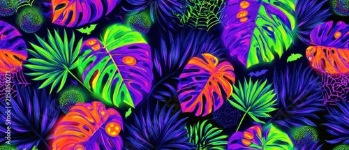 Neon Tropical Halloween Pattern with Colorful Monstera Leaves Bats and Spider Webs