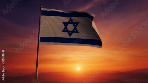 Israeli Flag Waving Against Vibrant Sunset Sky in a Patriotic Display