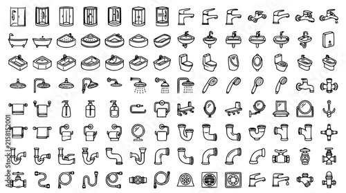 Bathroom Plumbing and Sanitary Ware Line Icon Set with Faucets Sinks Toilets Showers Pipes and Bathroom Interior Fixtures Outline Symbols on White Background