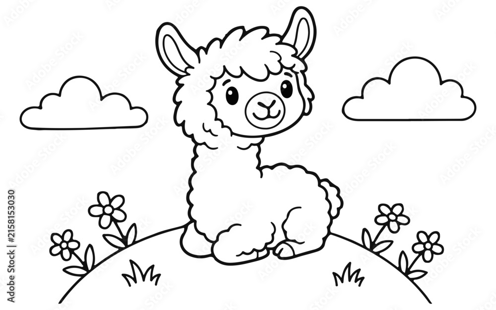 Naklejka premium Adorable baby alpaca sitting in a field of flowers with fluffy clouds above