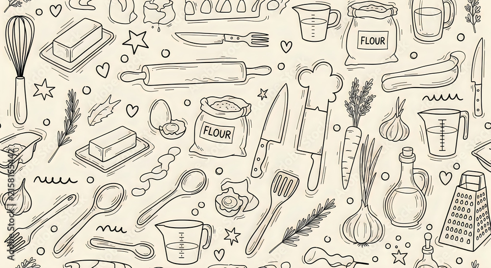 Seamless pattern with hand drawn baking and kitchen cooking tools and food ingredients in black lines