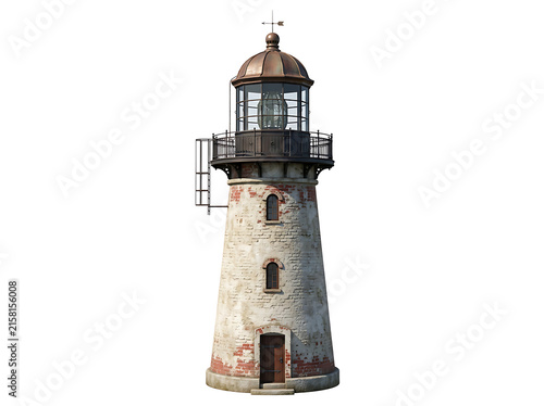 Old rustic lighthouse with weathered stone and brick texture, isolated on transparent background