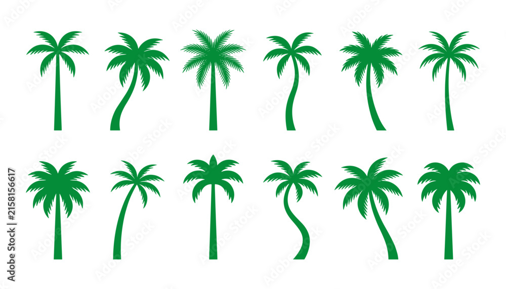 Naklejka premium Set of twelve green silhouette tropical palm trees with various trunk shapes vector illustration