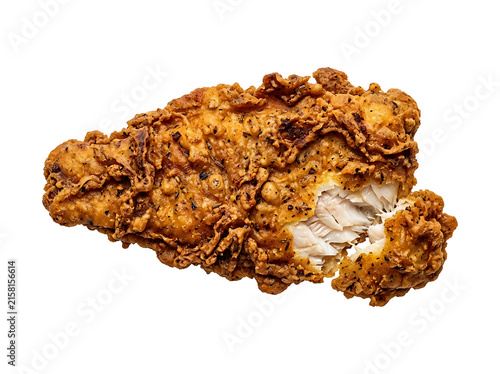 Crispy fried chicken piece with a bite taken out, isolated on transparent background