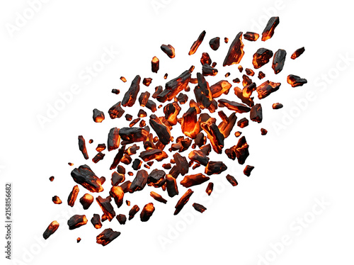 Burning glowing hot coals and embers flying isolated on transparent background