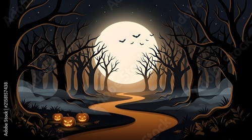 Spooky forest path under a large full moon at night