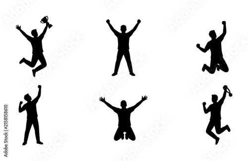 Photography Celebration Silhouettes: Joyful People Jumping, Cheering, Winning Trophy, Victor