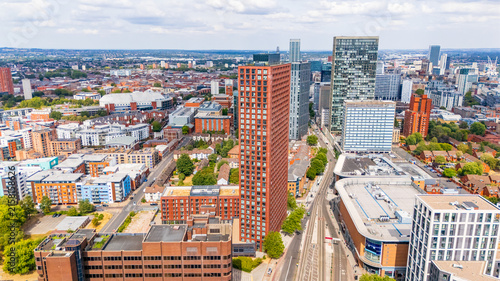Elevated drone view of the Central and Northern areas of Birmingham City Centre in the UK