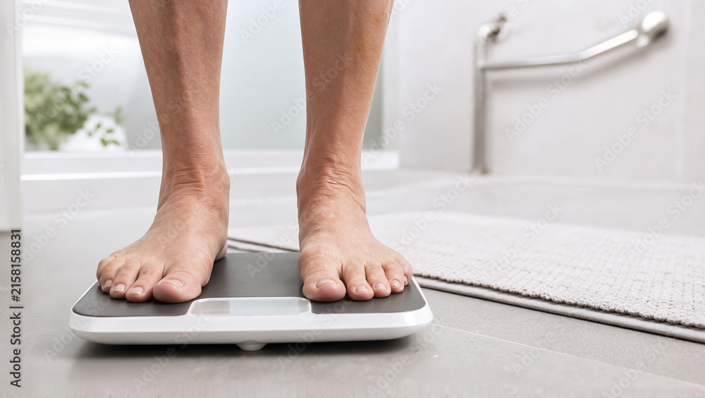 Fototapeta premium Person standing on bathroom scale, checking weight and monitoring diabetes management with focus on healthy lifestyle, control over nutrition, and glucose levels for better health outcomes.