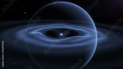 A glowing celestial body orbits a distant star. Swirling nebulae create a mesmerizing cosmic spectacle.