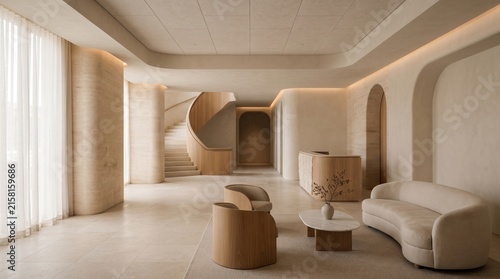 Modern minimalist hotel lobby interior with luxury organic design