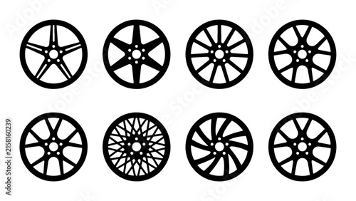 Set of 8 Black Car Wheels, Alloy Rims, Automotive Parts, Vector Icons for Vehicle Design