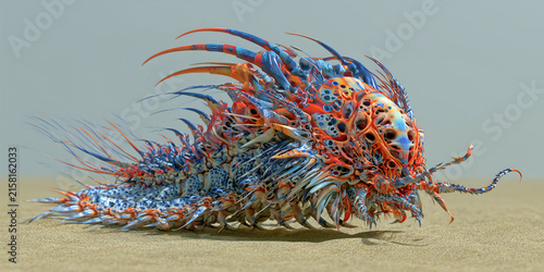 The Creature That Unfolds In Vivid Spines As Biomechanical Color Twists Through An Otherworldly Form,  ai generated.