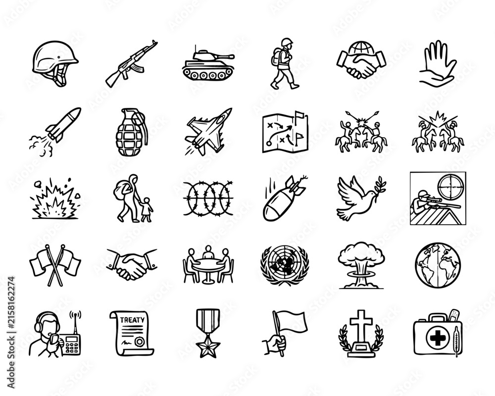 Fototapeta premium Military war and peace vector line icon set collection with military, collection