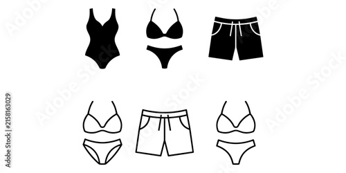 Фотография Set of black swimwear including one-piece swimsuits, bikinis, and board shorts b